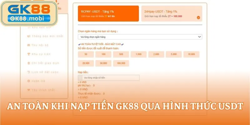 An toàn khi nạp tiền GK88 qua hình thức USDT